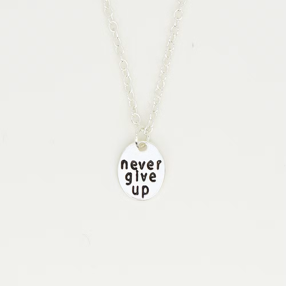 Lucky Feather - Message in a Bottle Necklace - "Never give up"