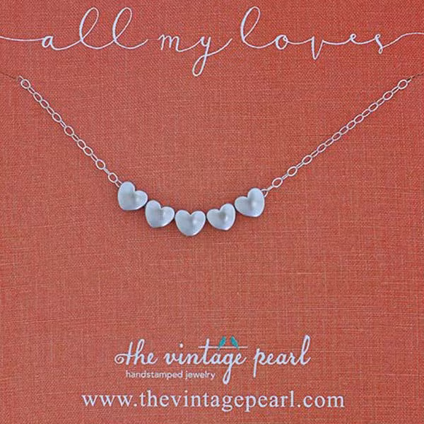 The Vintage Pearl - "All My Loves Gold Necklace" - 5 Hearts - Silver