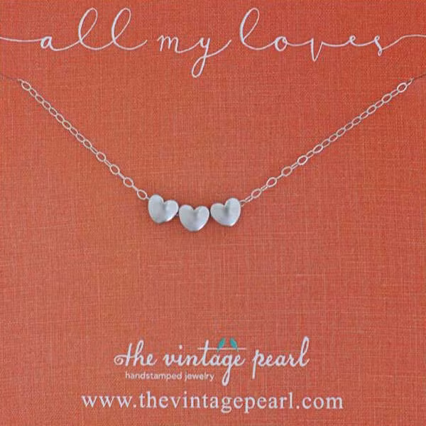 The Vintage Pearl - "All My Loves Gold Necklace" - 3 Hearts - Silver