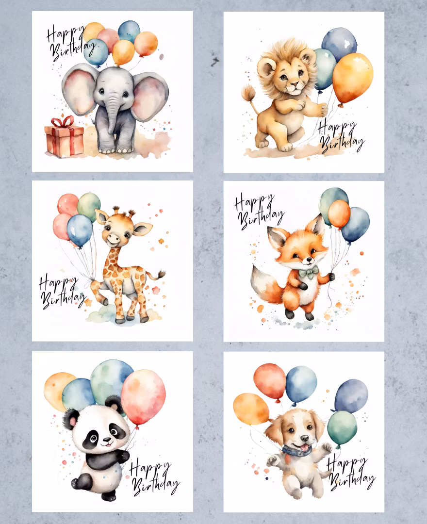 6pk Birthday Cards - Animals