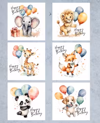 6pk Birthday Cards - Animals