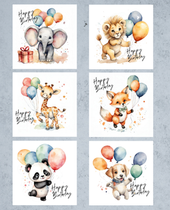 6pk Birthday Cards - Animals
