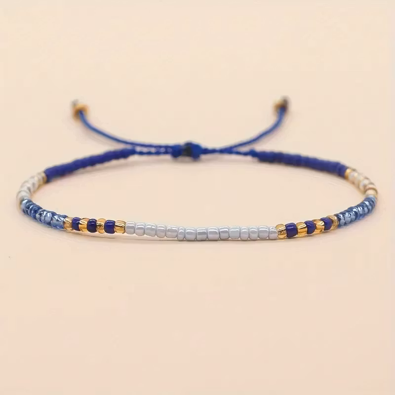 Mini Glass Beads Armbånd - Blå/hvit/gull
