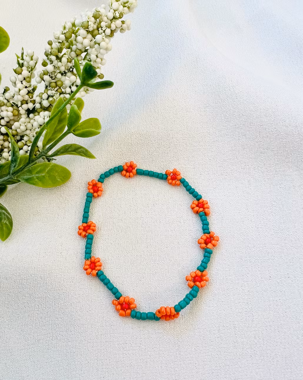 Mini Beads Armbånd - Blomster Turkis