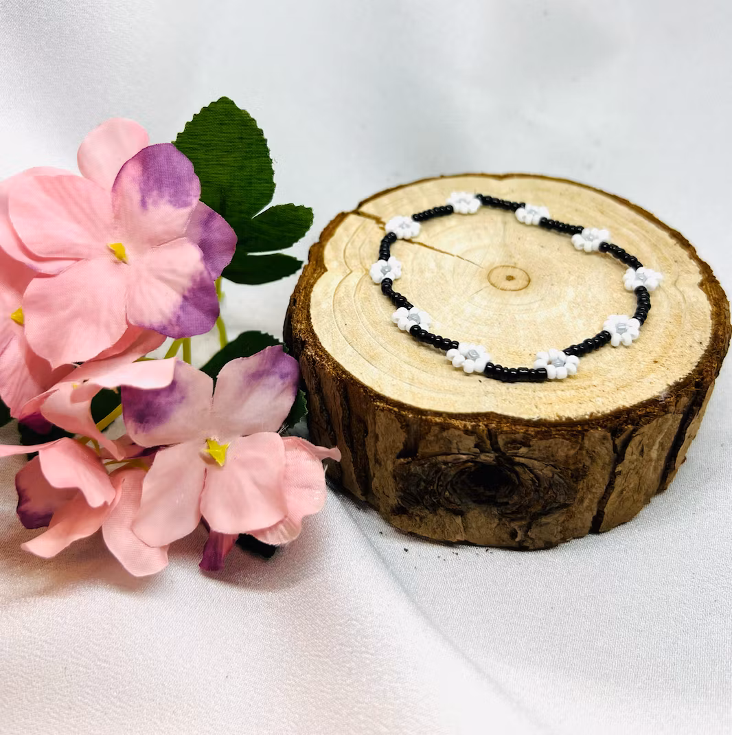 Mini Beads Armbånd - Blomster Sort