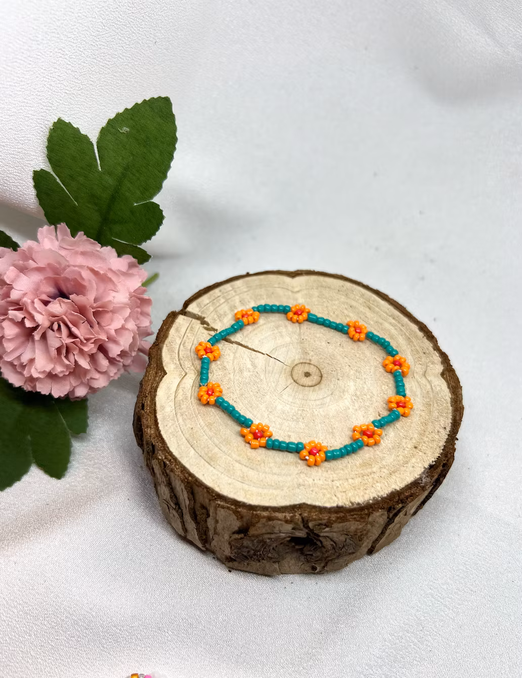 Mini Beads Armbånd - Blomster Turkis