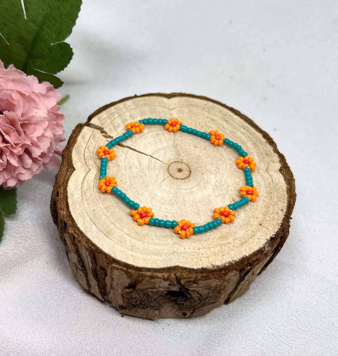 Mini Beads Armbånd - Blomster Turkis