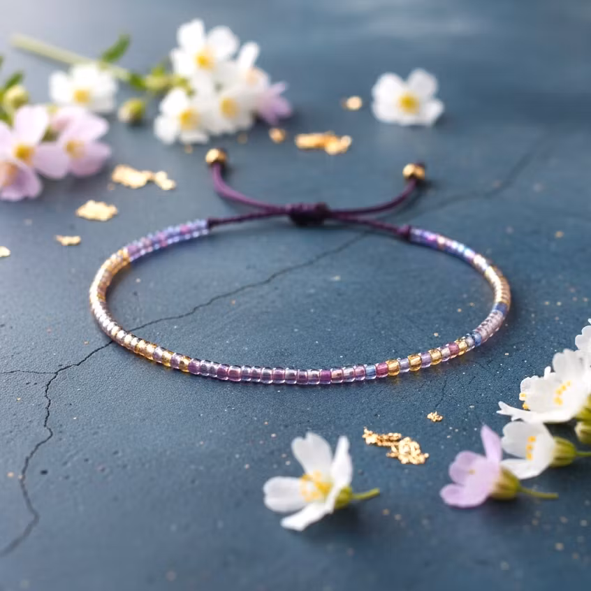 Mini Glass Beads Armbånd - Lilla/gull