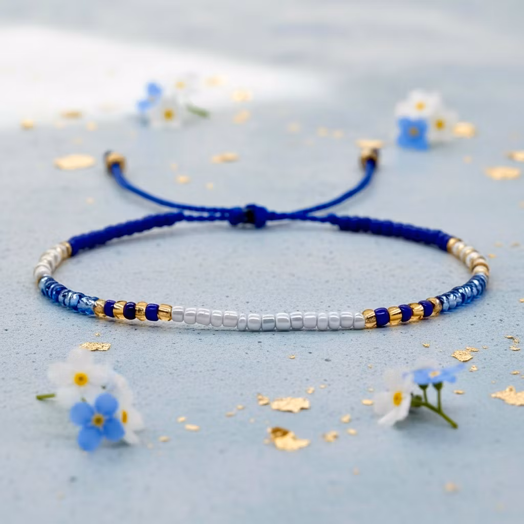 Mini Glass Beads Armbånd - Blå/hvit/gull