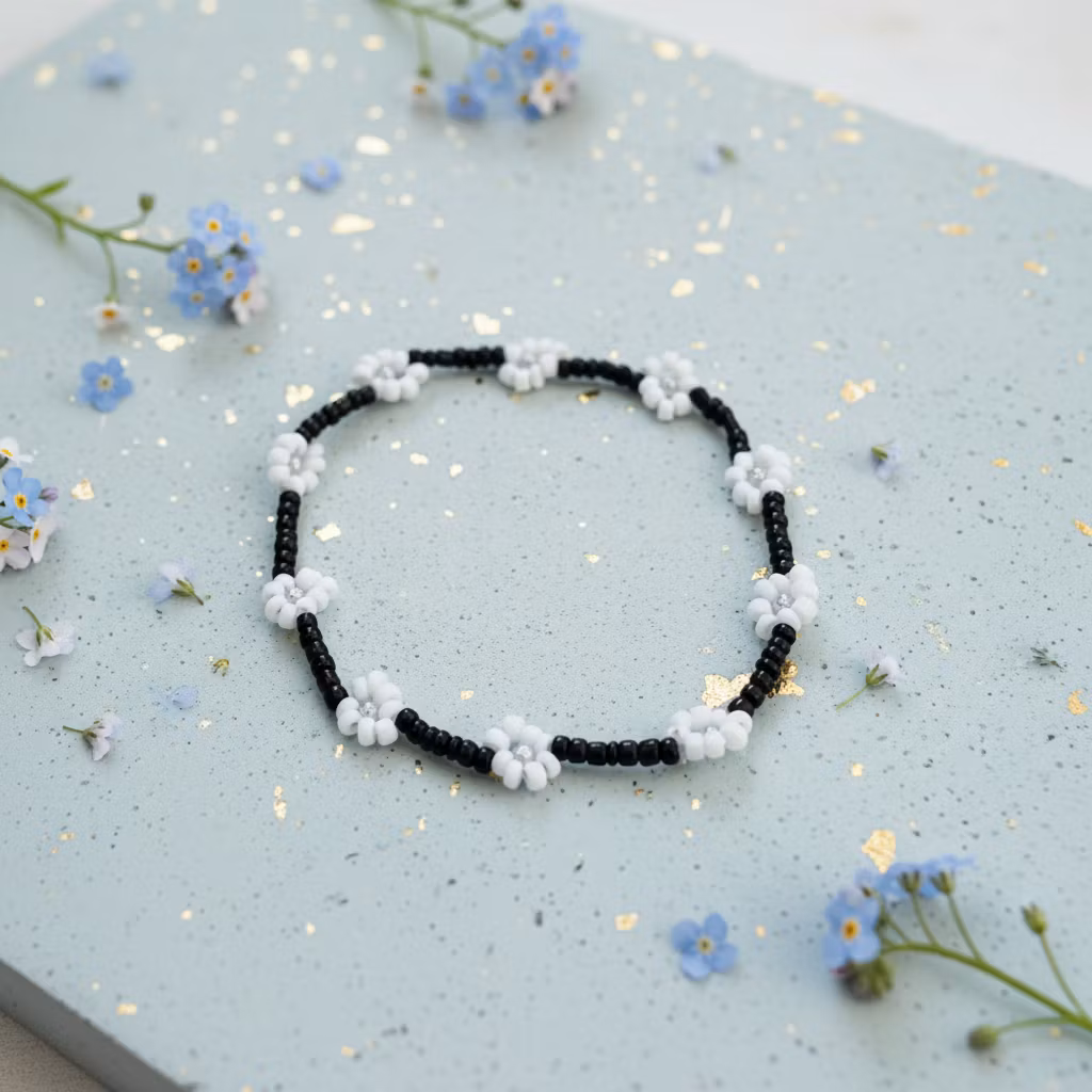 Mini Beads Armbånd - Blomster Sort