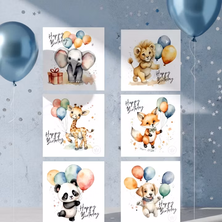 6pk Birthday Cards - Animals