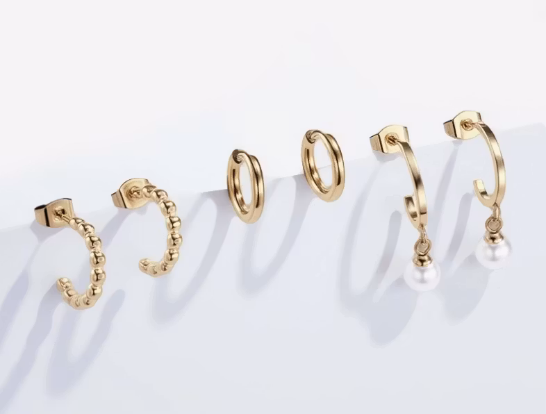 Øredobbsett – 3 Par: Gullhoops & Perledetaljer