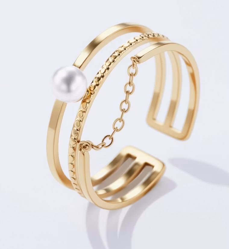 Justerbar Gullring med Perle & Kjededetalj