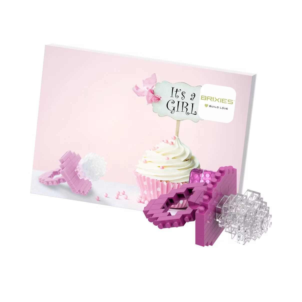 Brixies - Gratulasjonskort med Byggefigur - Rosa Smokk