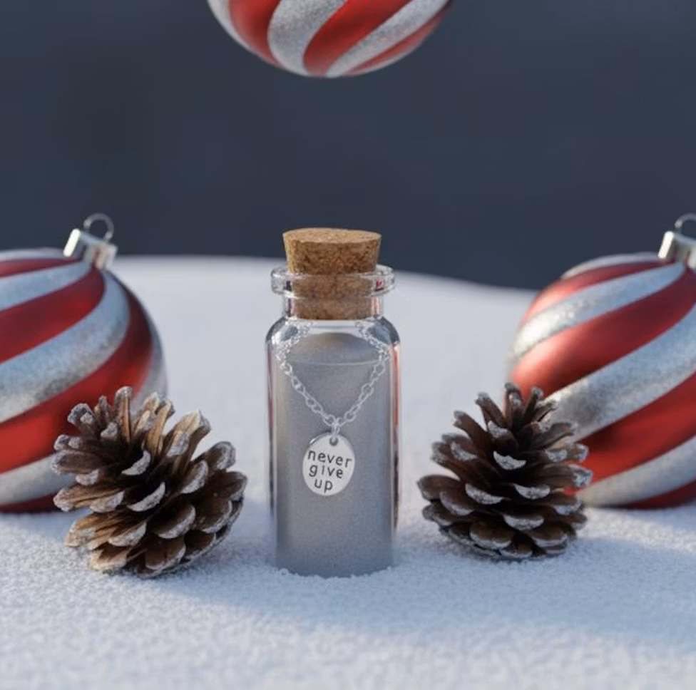 Lucky Feather - Message in a Bottle Necklace - "Never give up"