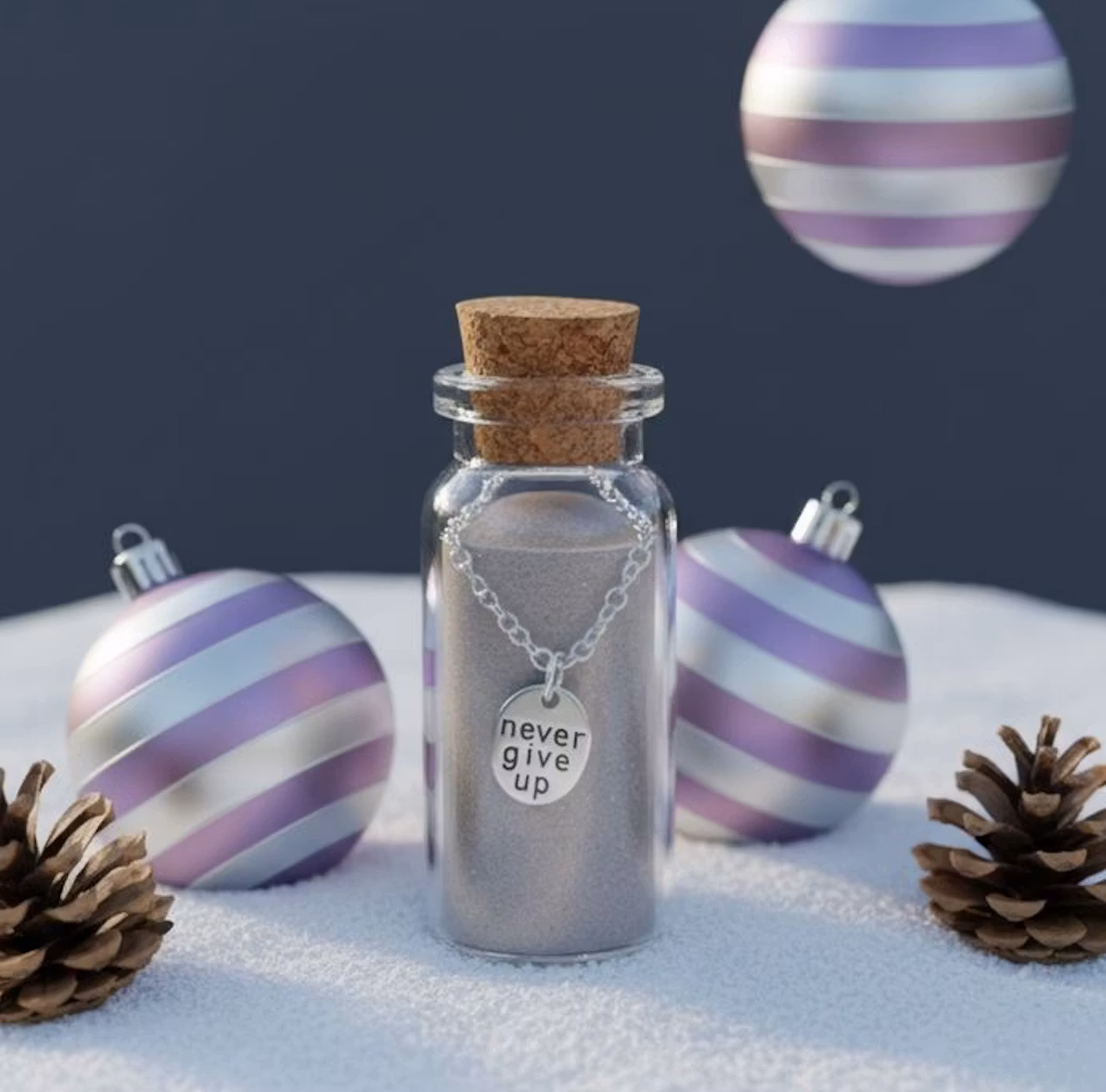 Lucky Feather - Message in a Bottle Necklace - "Never give up"