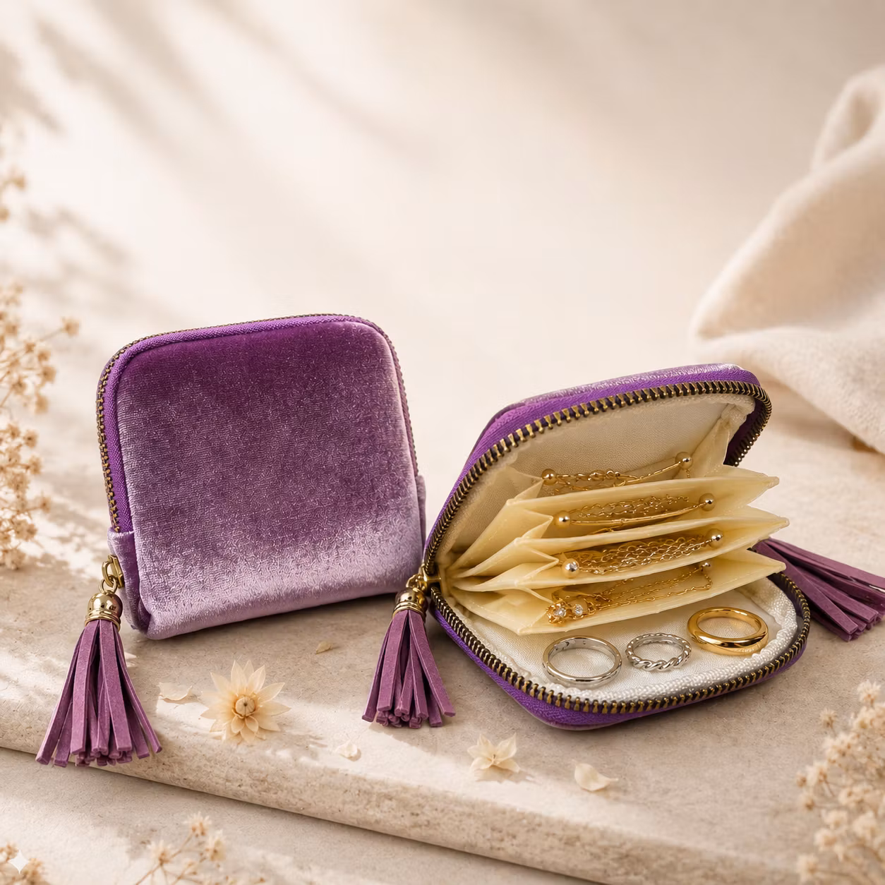 Elegant smykkepung i myk velur