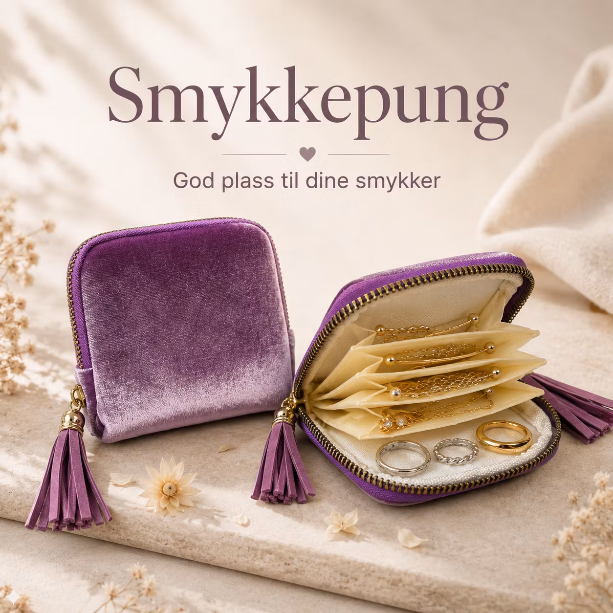 Elegant smykkepung i myk velur