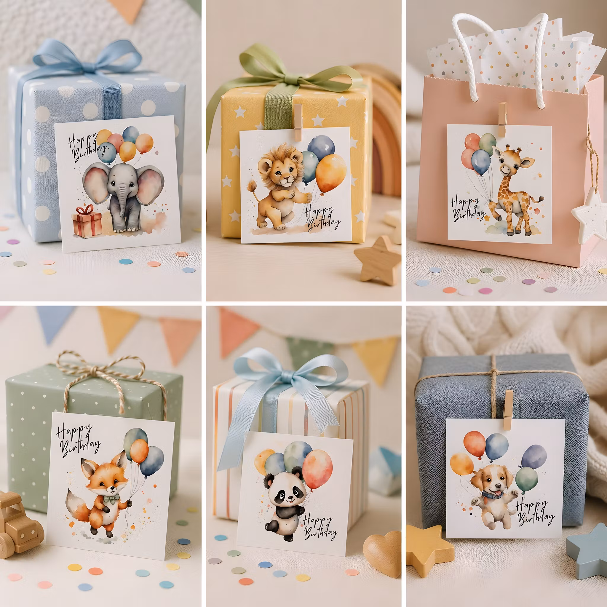 6pk Birthday Cards - Animals