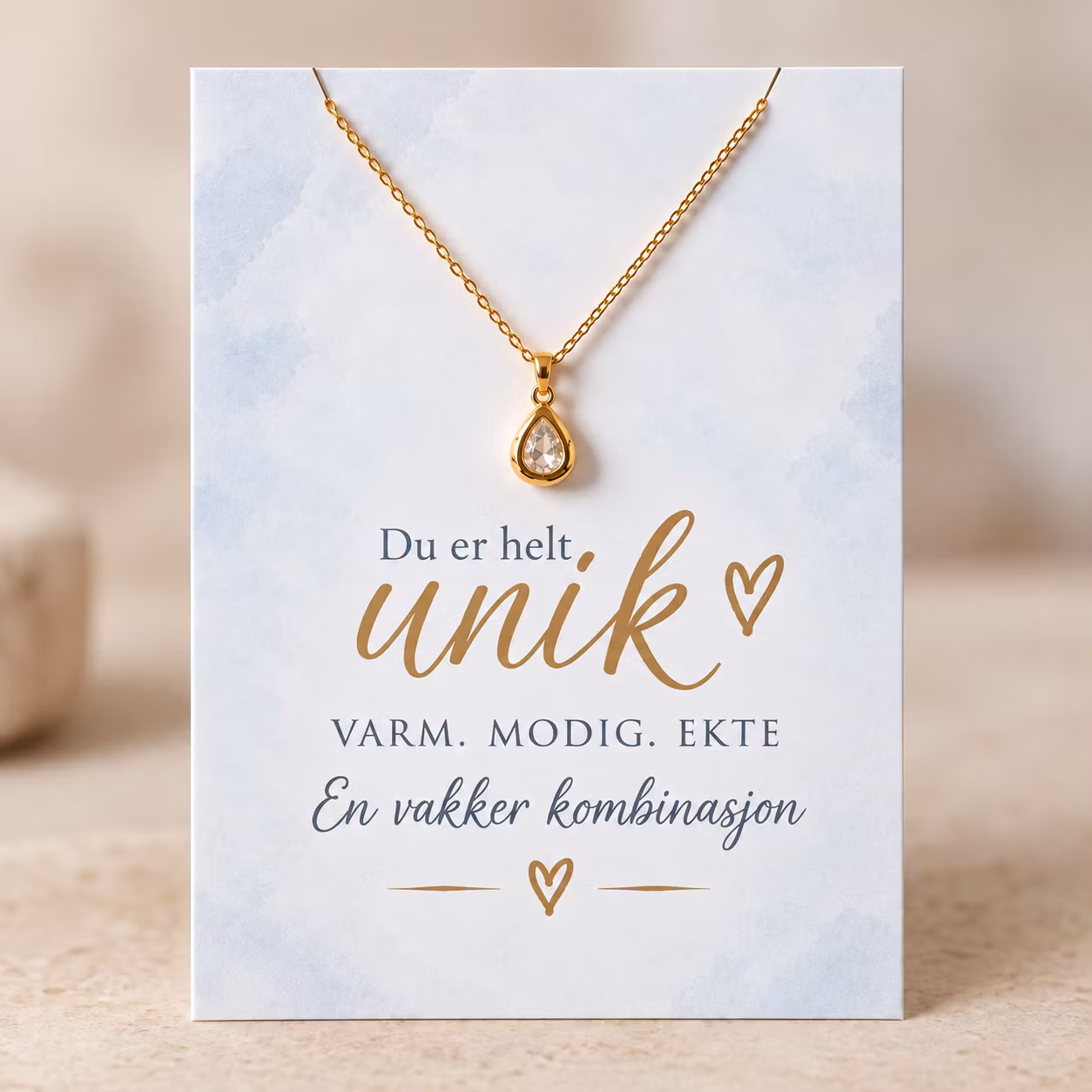 Du er helt unik – smykkekort med gullbelagt dråpekjede