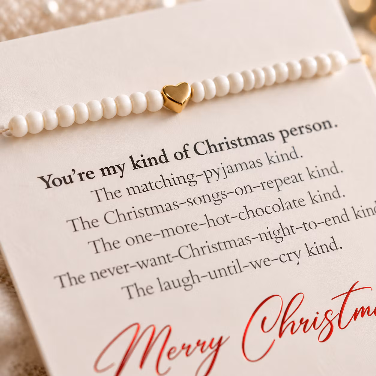 My kind of Christmas person – julesmykkekort med perlearmbånd