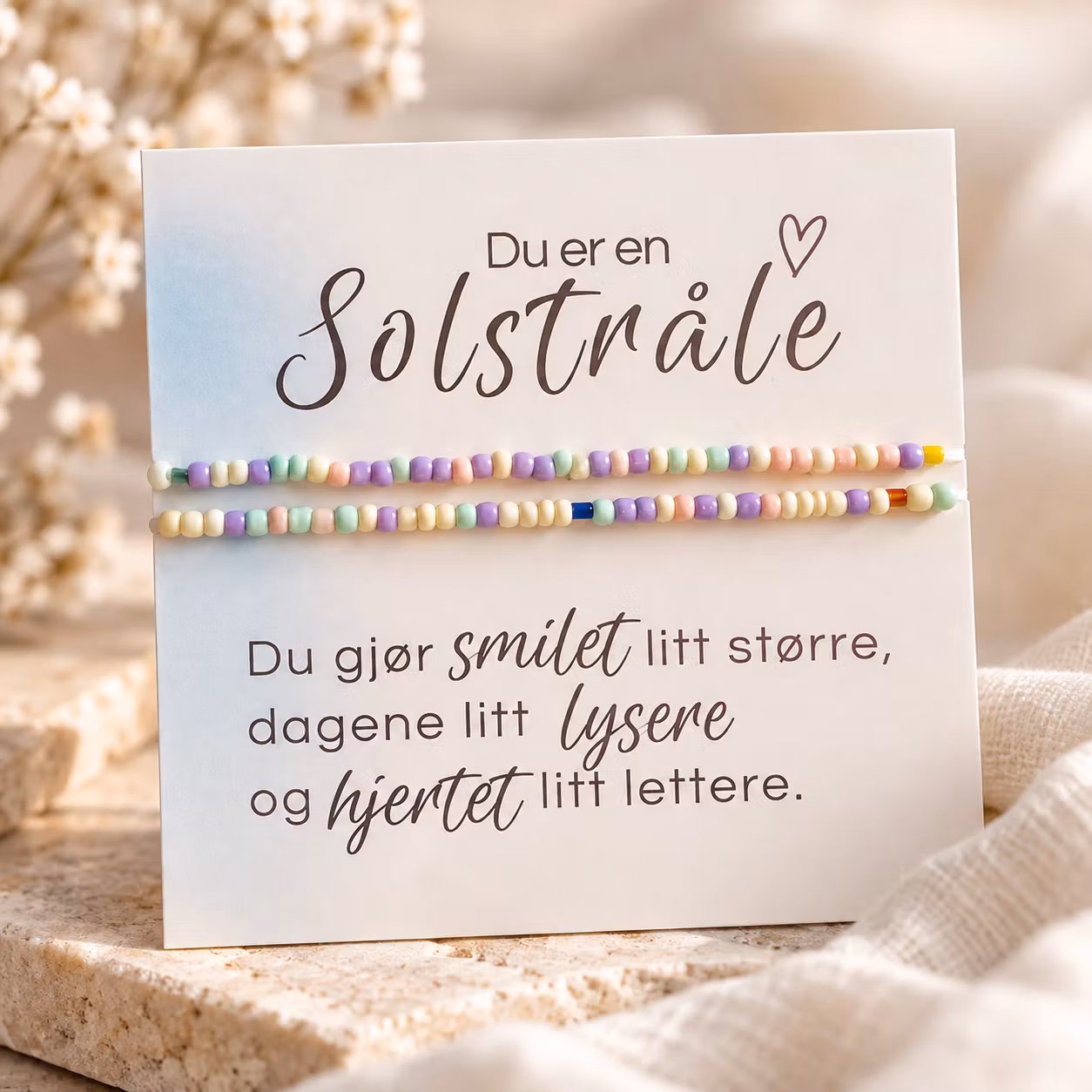 Du er en solstråle – smykkekort med to perlearmbånd