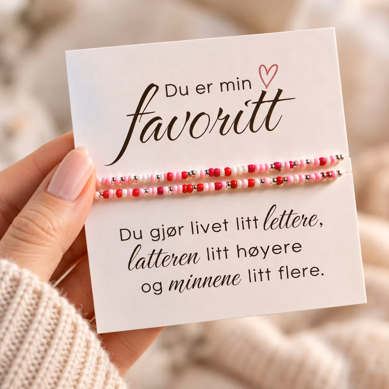 Du er min favoritt – smykkekort med to perlearmbånd
