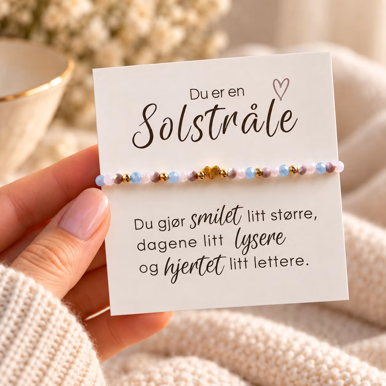 Du er en solstråle – smykkekort med perlearmbånd