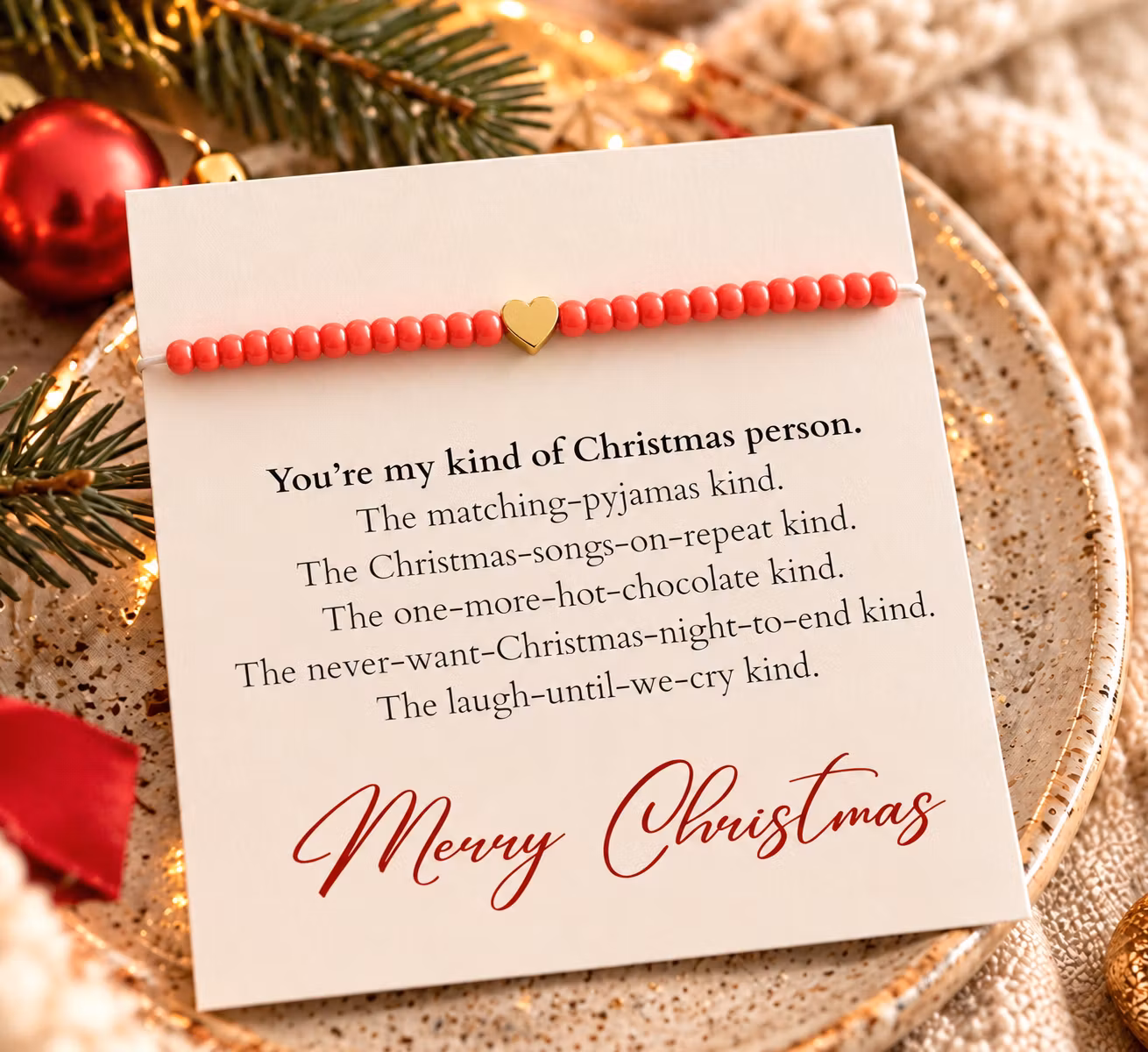 My kind of Christmas person – julesmykkekort med perlearmbånd