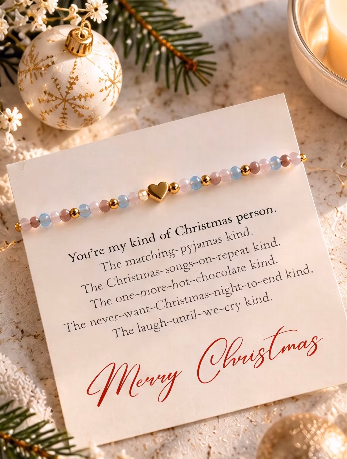 My kind of Christmas person – julesmykkekort med perlearmbånd