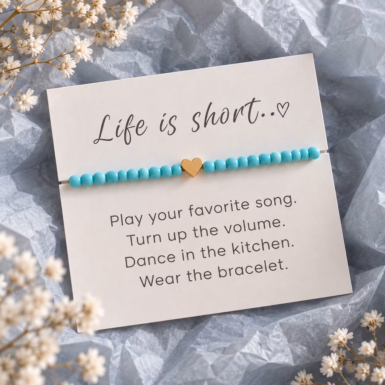 Life is short – smykkekort med  perlearmbånd