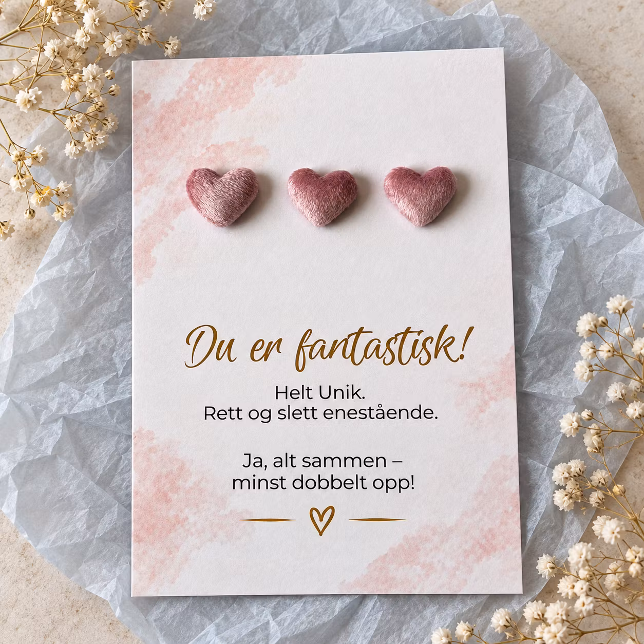 Du er fantastisk! – kort med tre velur hjerter
