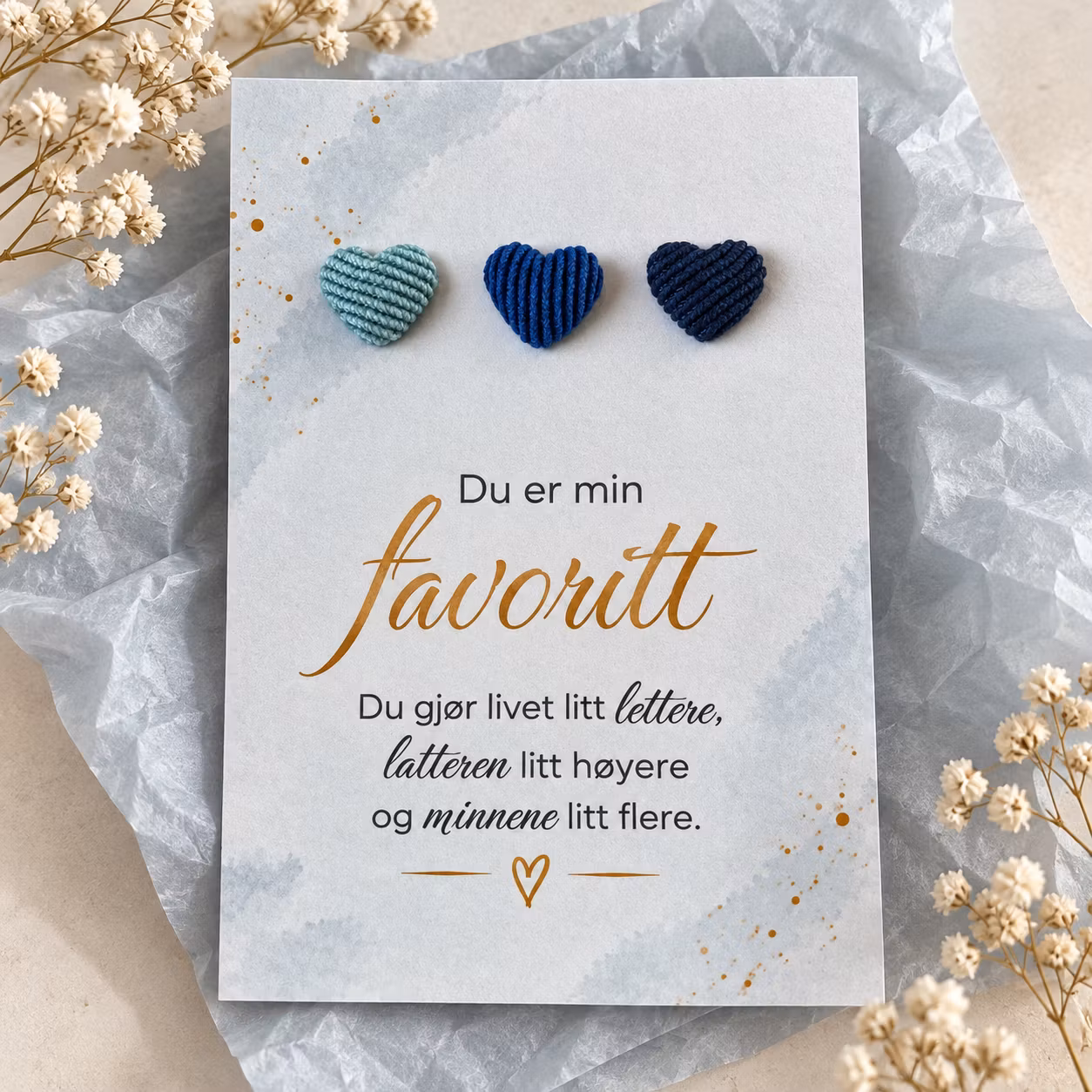 Du er min favoritt – kort med tre  kordfløyel hjerter