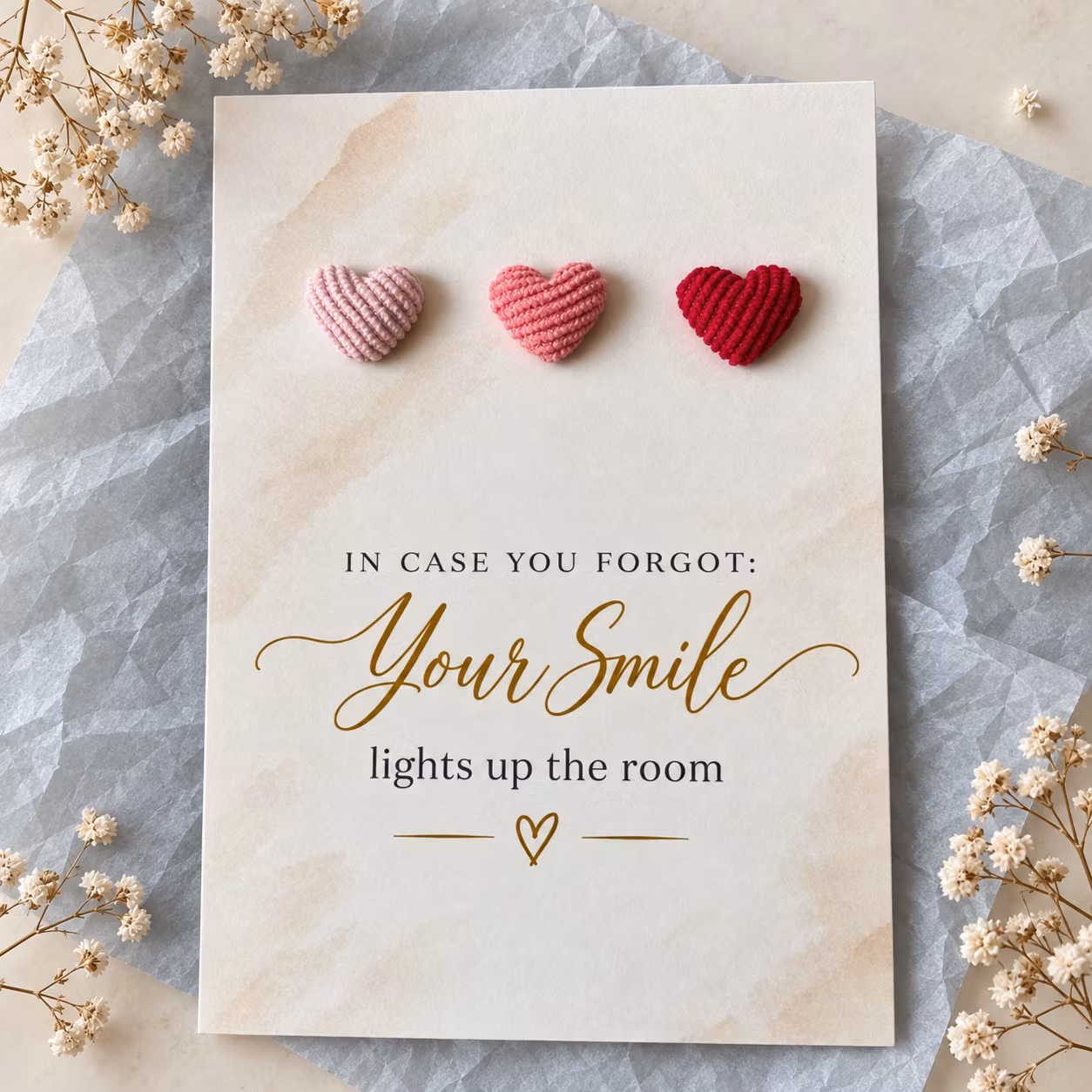 Your Smile lights up the room – kort med kordfløyelhjerter