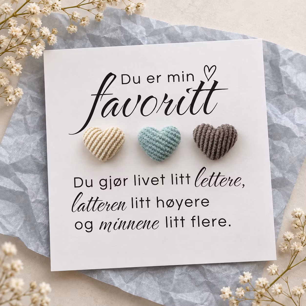 Du er min favoritt – kort med kordfløyelhjerter