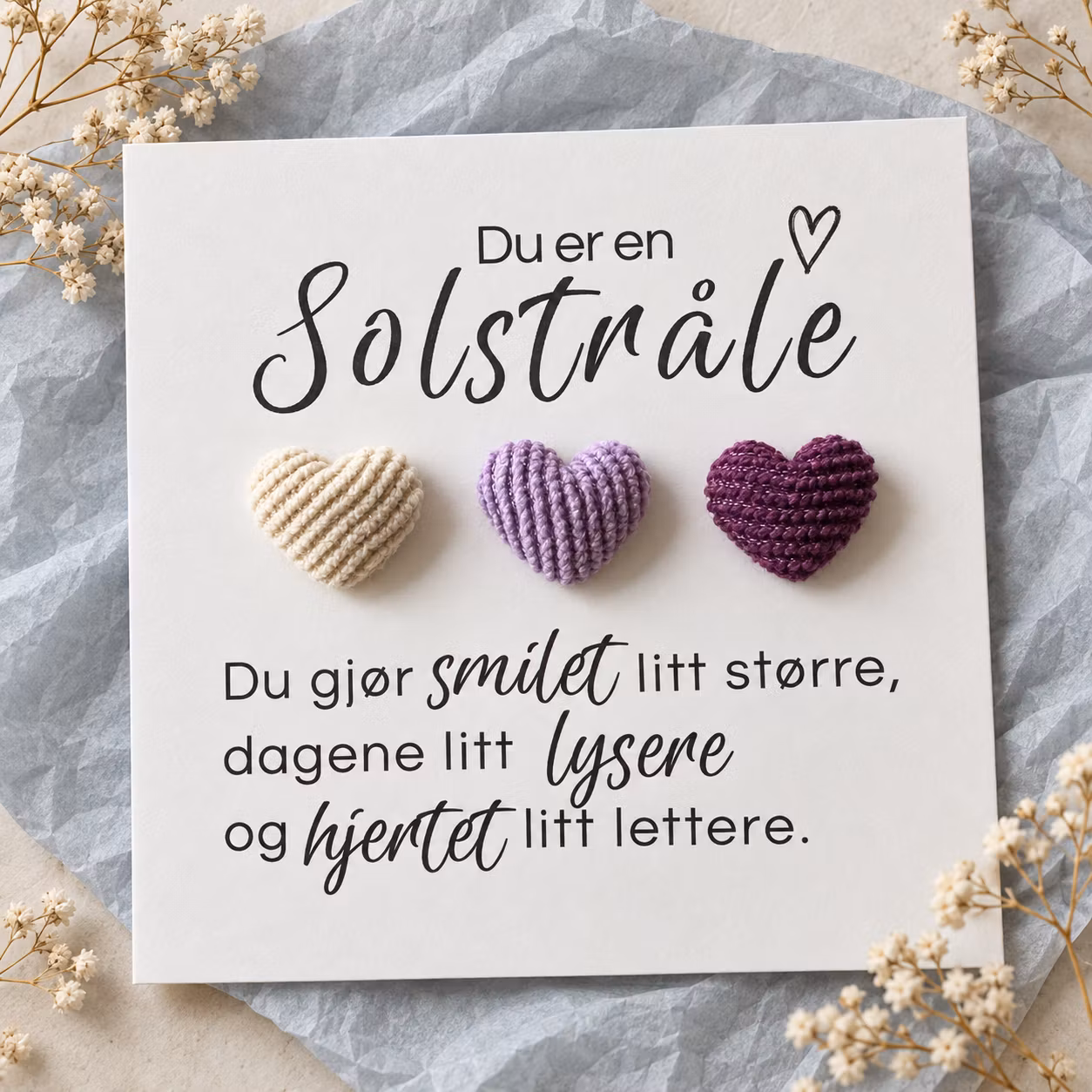 Du er en solstråle – kort med kordfløyelhjerter