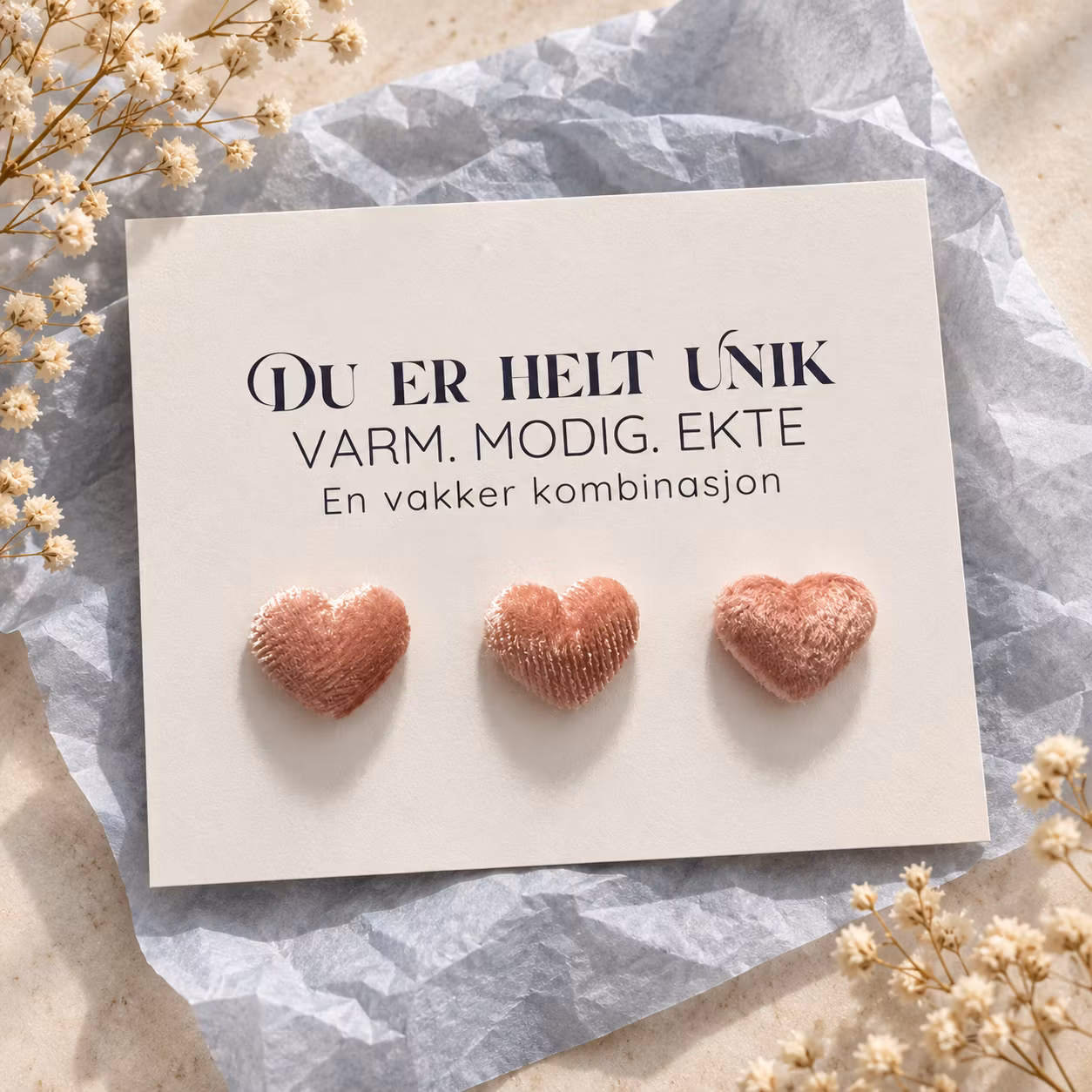 Du er helt unik – kort med fløyelshjerter