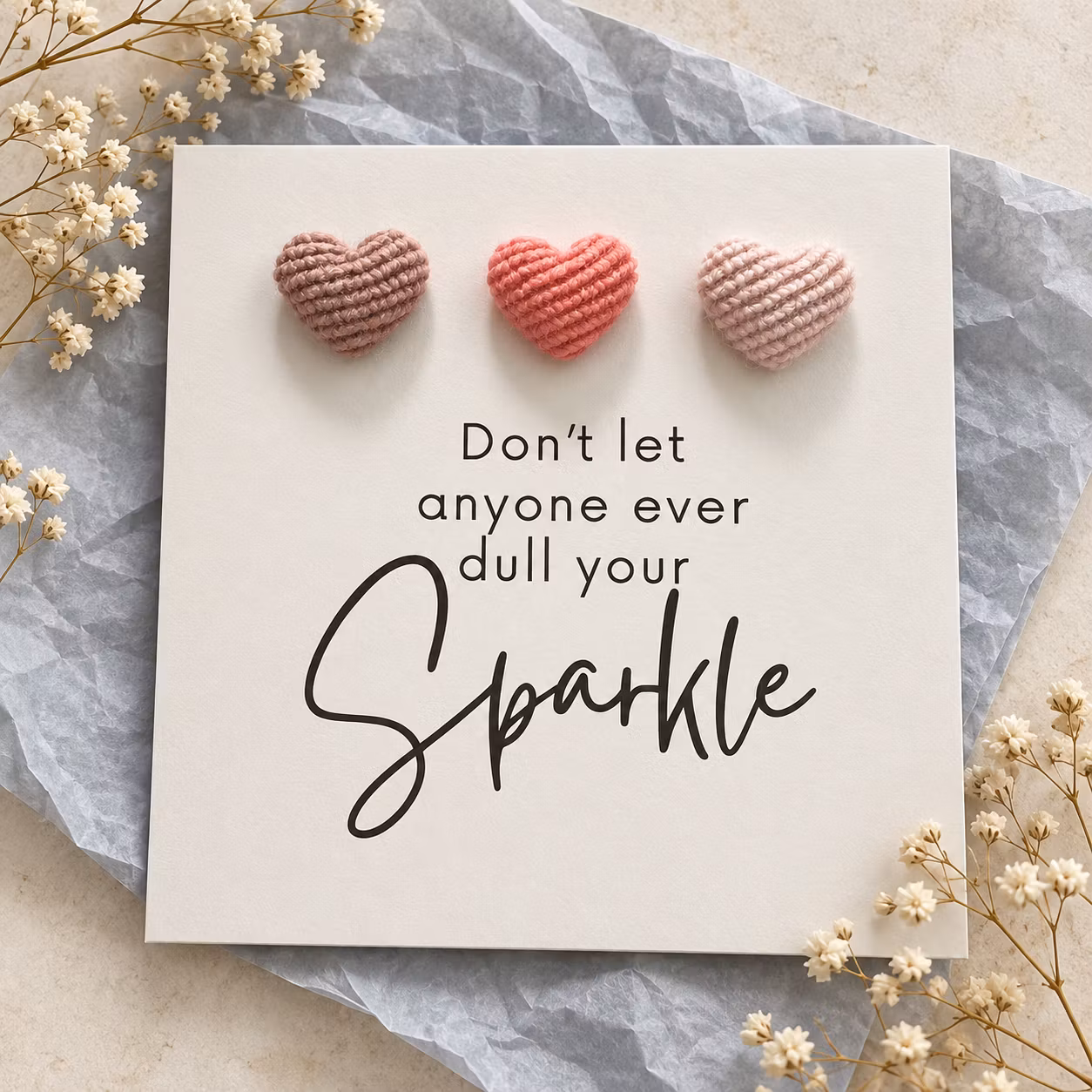 Don’t let anyone dull your Sparkle – kort med kordfløyelhjerter