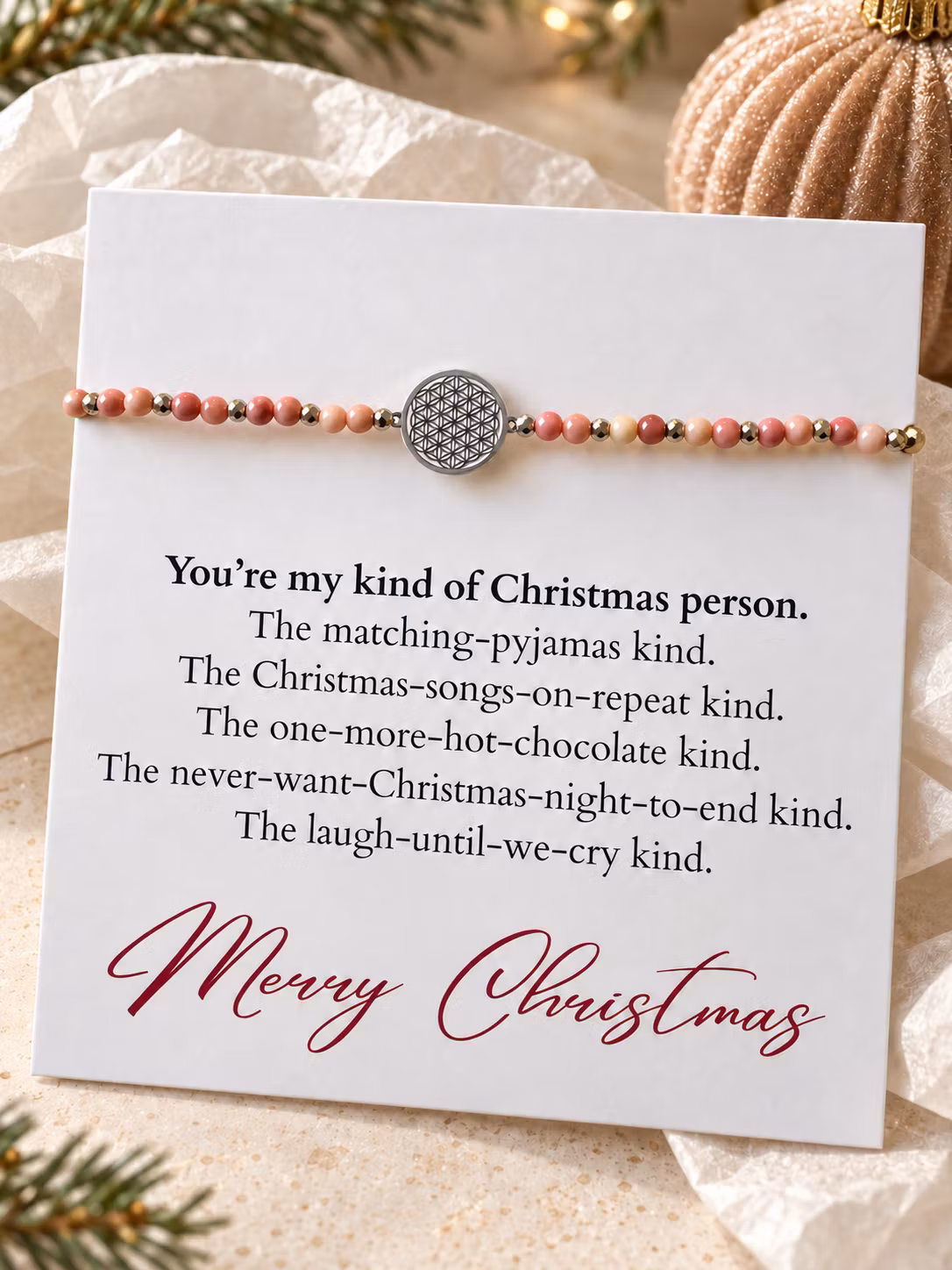 My kind of Christmas person – julesmykkekort med perlearmbånd