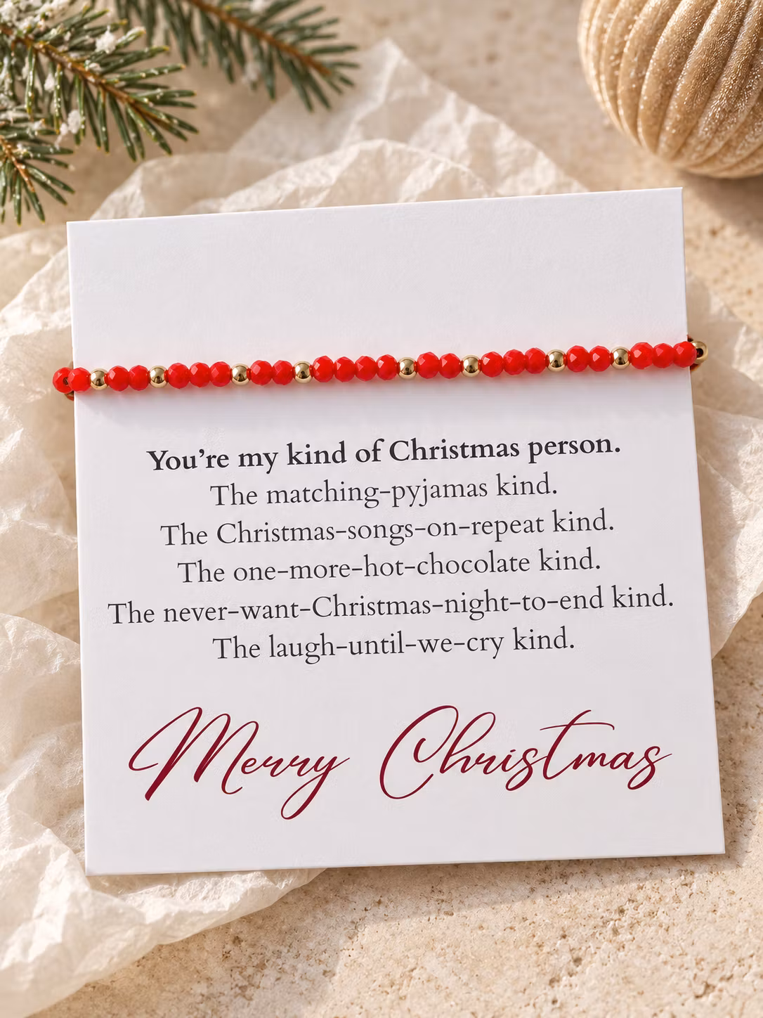 My kind of Christmas person – julesmykkekort med perlearmbånd