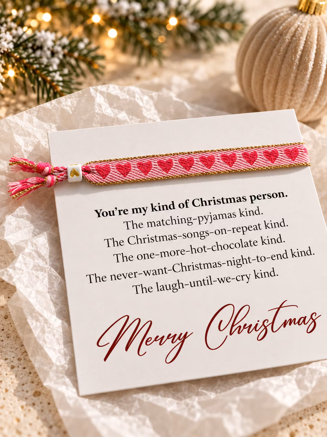 My kind of Christmas person – julesmykkekort med perlearmbånd