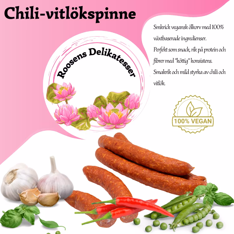 Chili-vitlökspinne - 3pack  Vegansk ölkorv