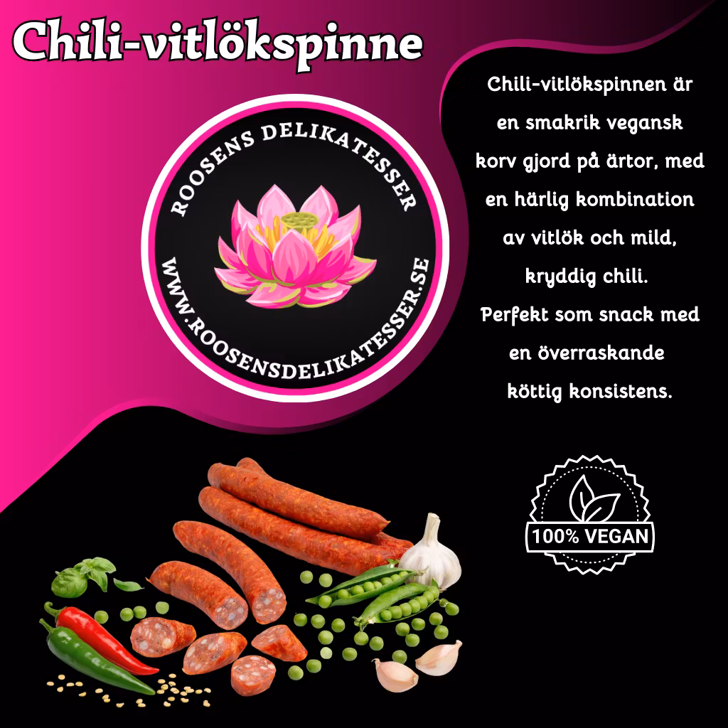 Chili-vitlökspinne - 3 pack  (Vegansk ölkorv)