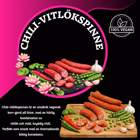 Chili-vitlökspinne - 3 pack  (Vegansk ölkorv)