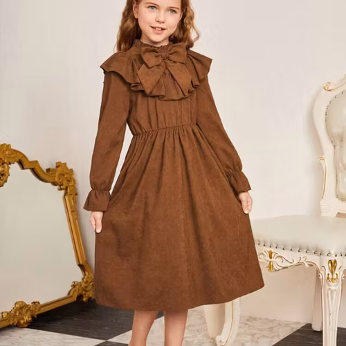 Kids FANZEY Tween Girl Flounce Sleeve Ruffle Trim Bow Front Dress. 9Y 124-134 Cm