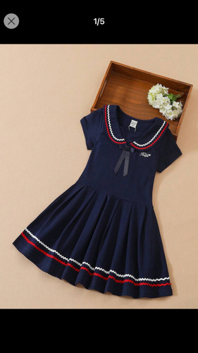 Girls Striped Trim Sailor Collar Pleated Hem Dress 9Y 124-134