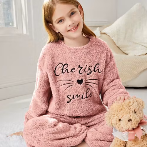 Tween Girls' Letter Embroidery Top And Wide Leg Pants Loose Fit Homewear Set  color Dusty pink 10Y