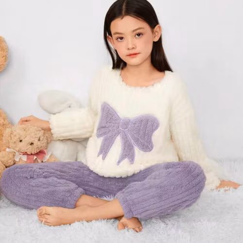 Girls' Butterfly Pattern Round Neck Top And Long Pants Plush Home Wear Set, 2pcs Dusty purple 10Y