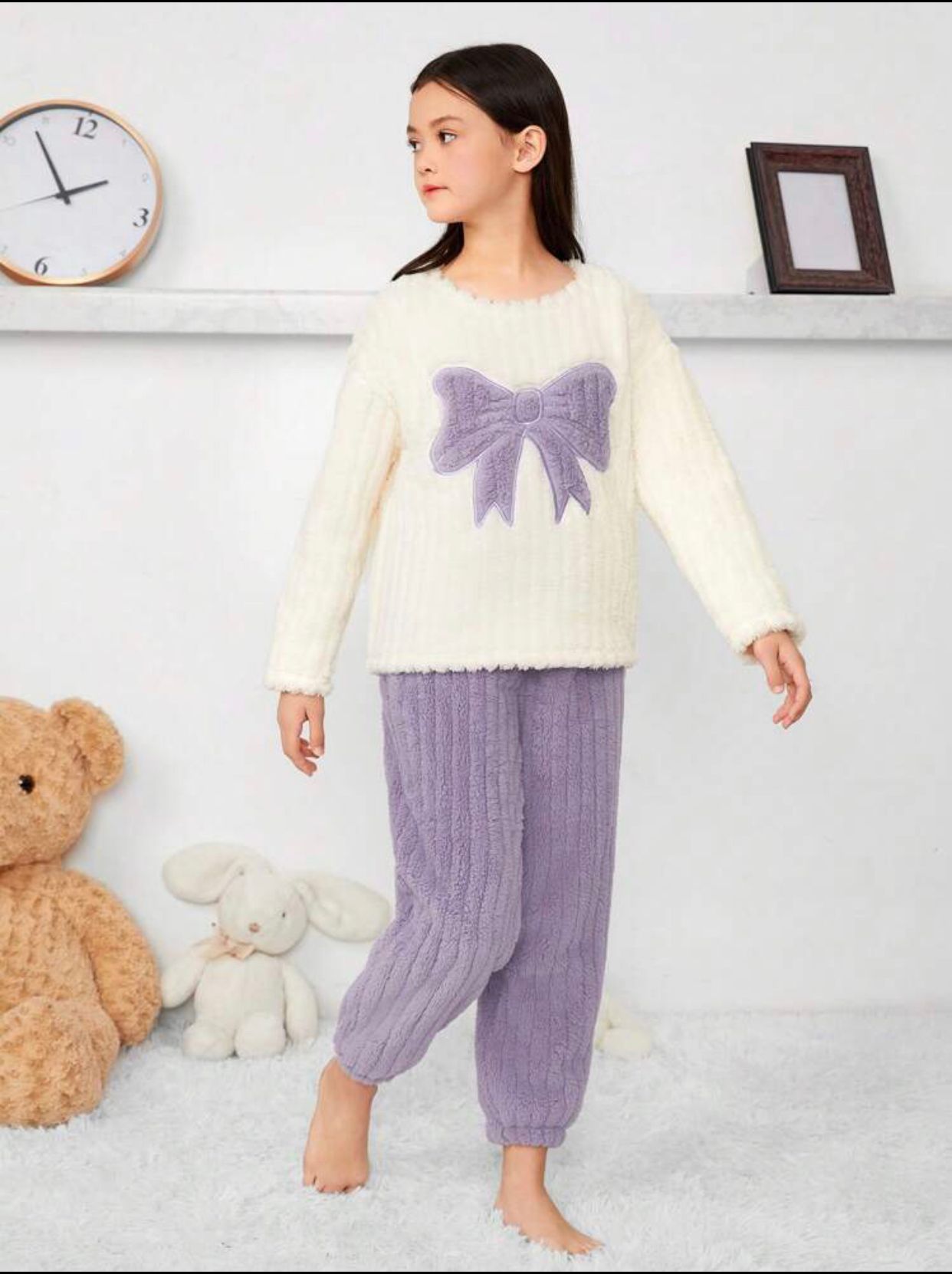 Girls' Butterfly Pattern Round Neck Top And Long Pants Plush Home Wear Set, 2pcs Dusty purple 10Y