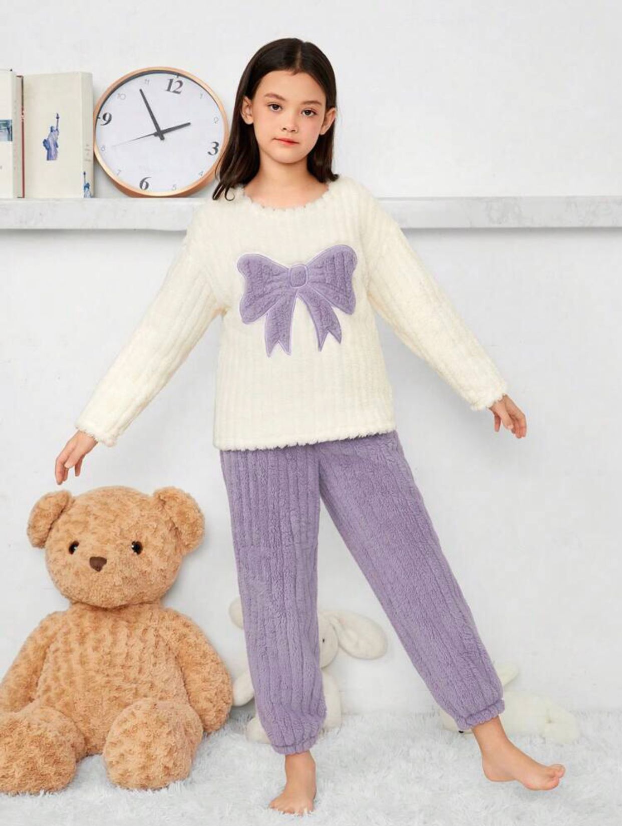 Girls' Butterfly Pattern Round Neck Top And Long Pants Plush Home Wear Set, 2pcs Dusty purple 10Y